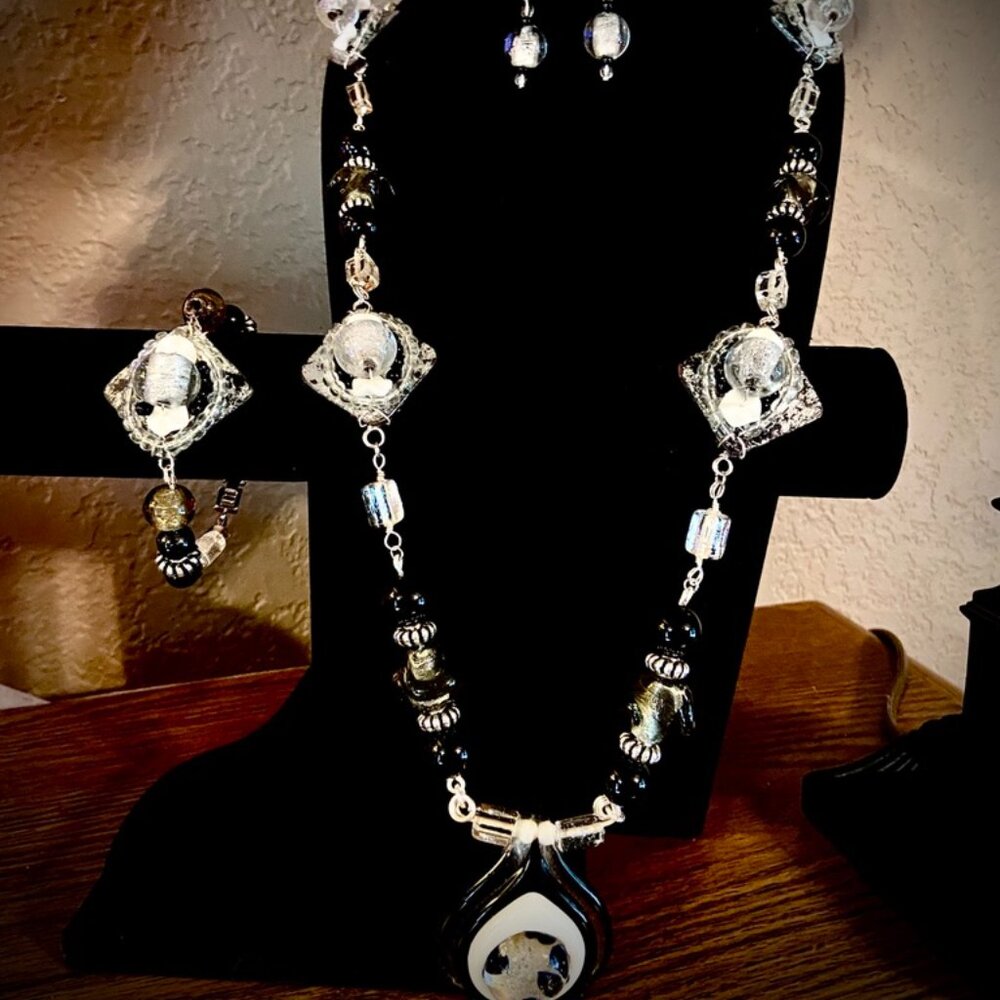 OOAK Handcrafted Black and White Glass and Beaded Necklace Set